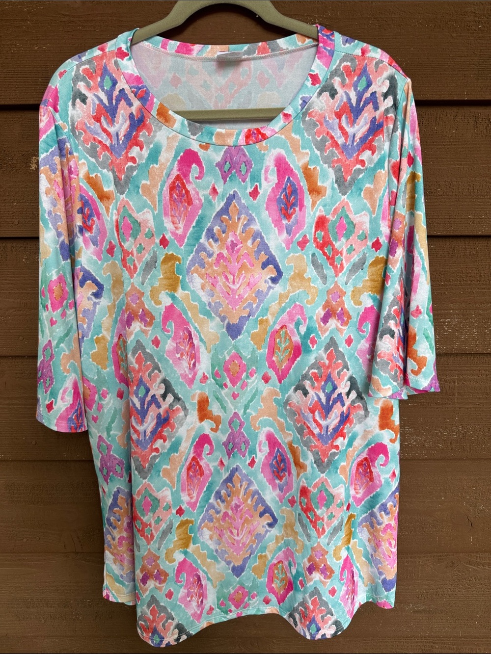 Zigzag Stripe Women's Aqua Patterned Short Sleeve Scoop Neck Tee size 2XL